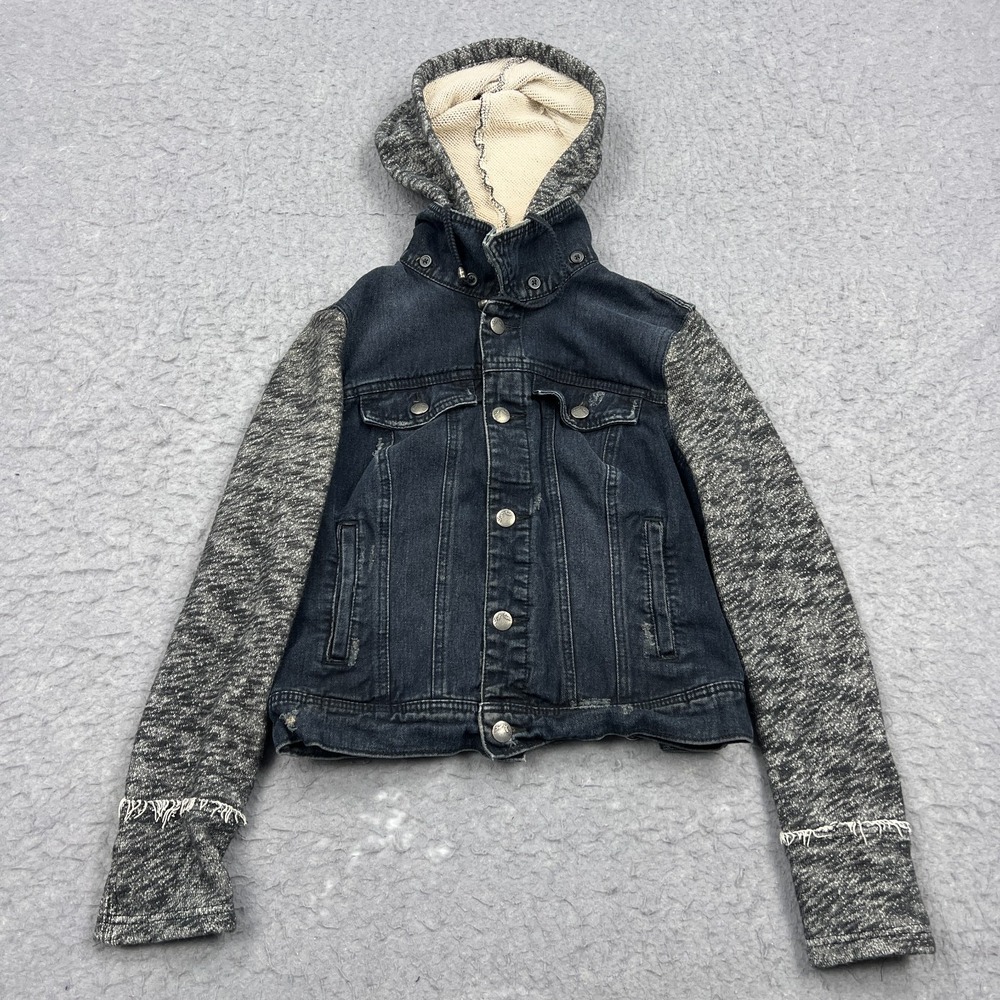 We The Free People Jean Jacket Women's Small Black Knit Hooded‎ Button Up Hoodie